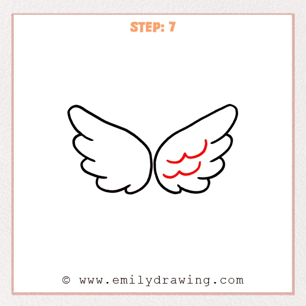 how to draw an angel wings - Step 7: Curved inner feather lines are added inside the right angel wing for texture.